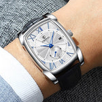 Luxury Retro Men Square Watches Silver Waterproof Genuine Leather Men Watches Roman Numerals Stop Watch Calendar Unique