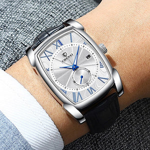 Luxury Retro Men Square Watches Silver Waterproof Genuine Leather Men Watches Roman Numerals Stop Watch Calendar Unique