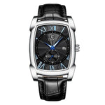 Luxury Retro Men Square Watches Silver Waterproof Genuine Leather Men Watches Roman Numerals Stop Watch Calendar Unique