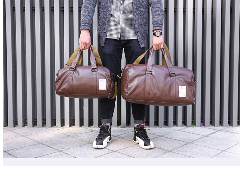 Bag leather, sports, travel, with a separate niche for shoes