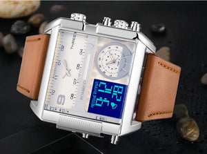 Men's large quartz wristwatch, sports, with leather strap, with 3 time zones and LED display