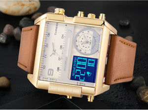 Men's large quartz wristwatch, sports, with leather strap, with 3 time zones and LED display