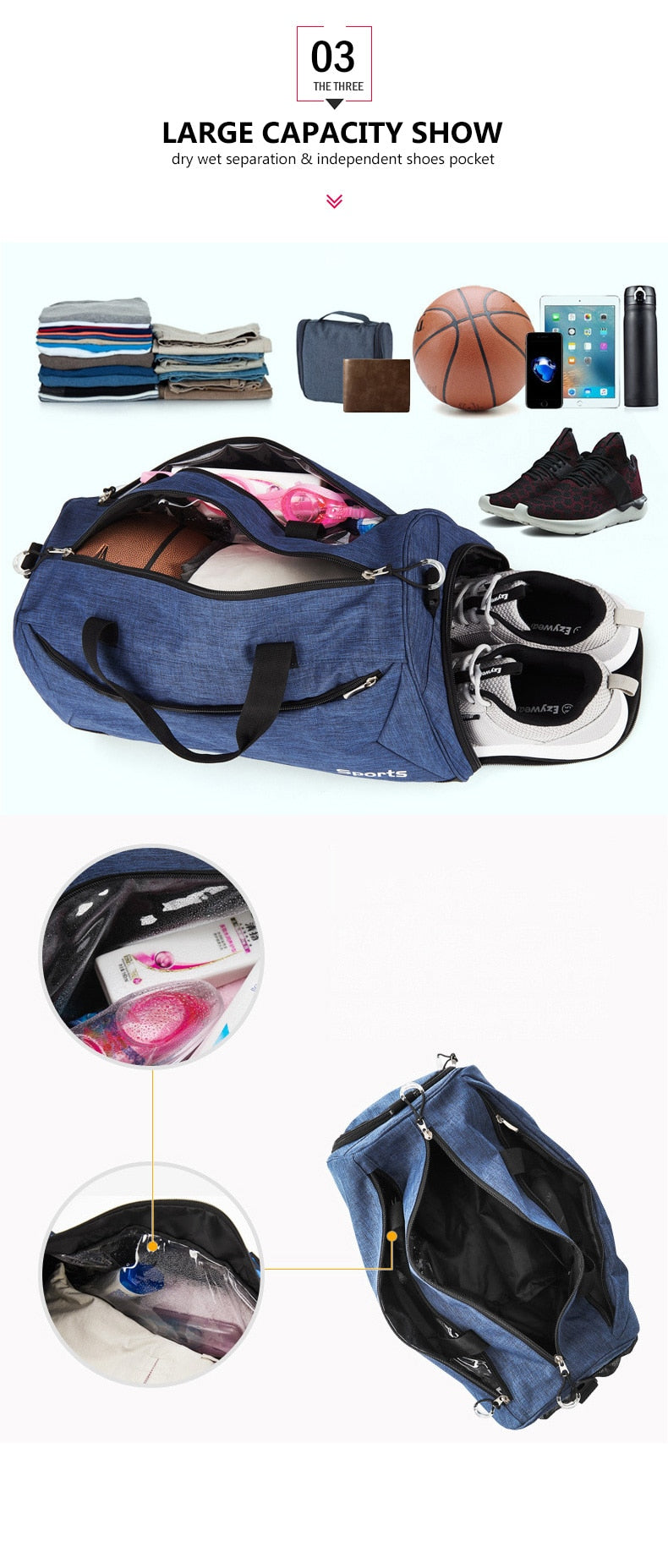 Universal sports bag, travel, with departments for dry and wet things