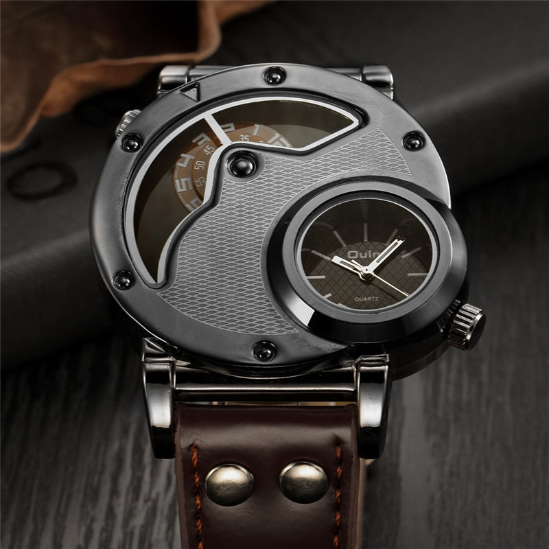 Quartz men's watch, with two zones (leather strap)