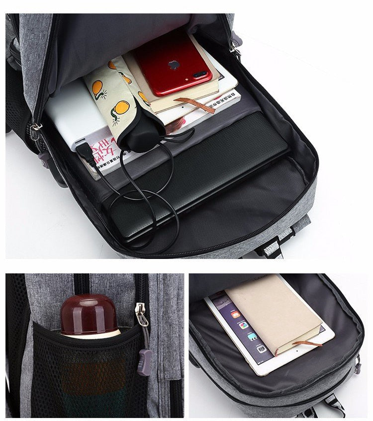 Male waterproof casual student backpack with USB charging port and laptop compartment