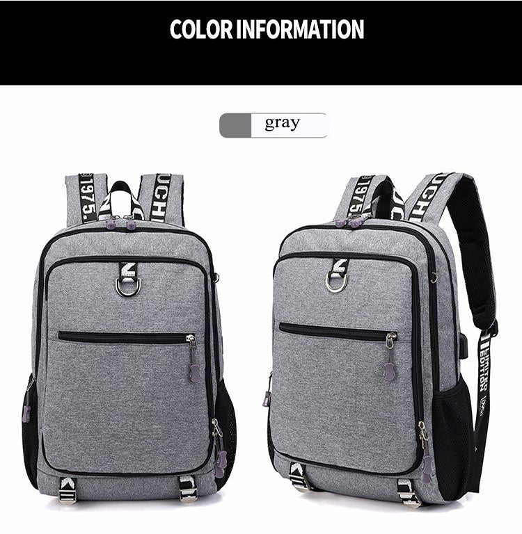 Male waterproof casual student backpack with USB charging port and laptop compartment