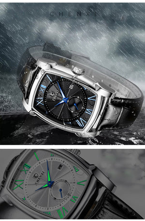 Luxury Retro Men Square Watches Silver Waterproof Genuine Leather Men Watches Roman Numerals Stop Watch Calendar Unique