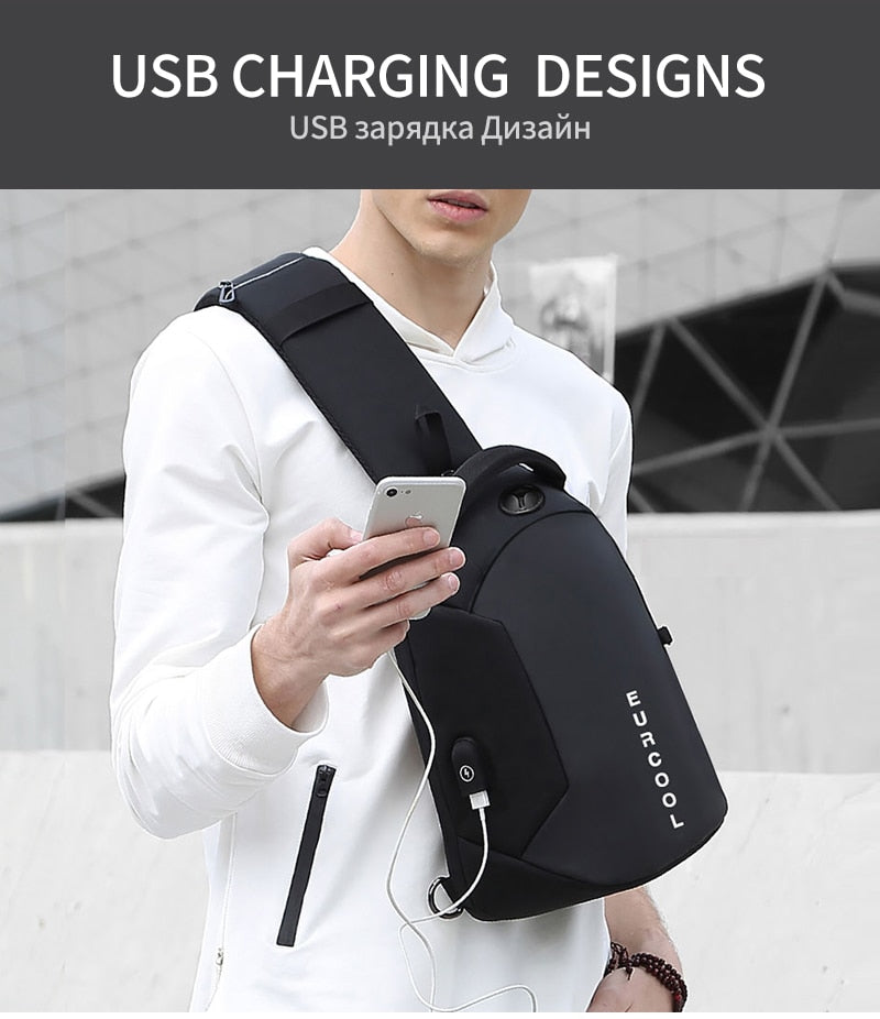 Multifunctional waterproof men’s chest crossbody bag with USB charging port