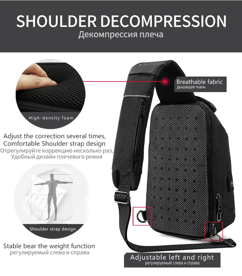 Multifunctional waterproof men’s chest crossbody bag with USB charging port