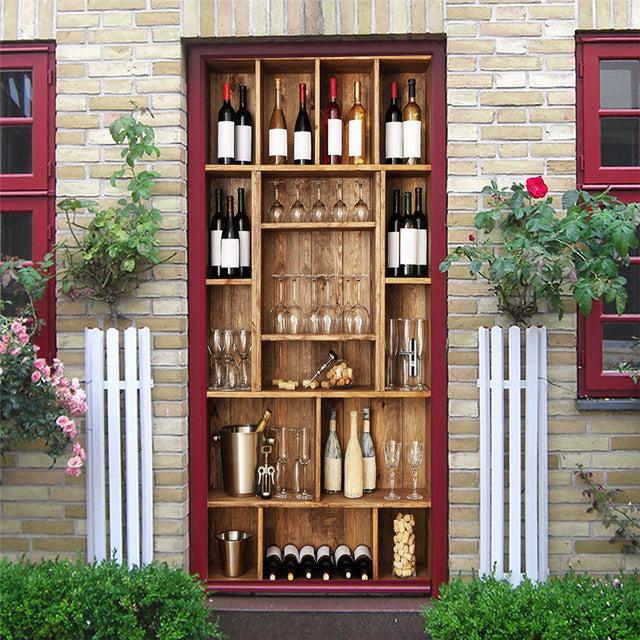 2PCS/SET Door Sticker PVC Self-adhesive Waterproof 3D Removable Home Decor Wine Shelf Decals DIY Wall Art Mural stickers porte