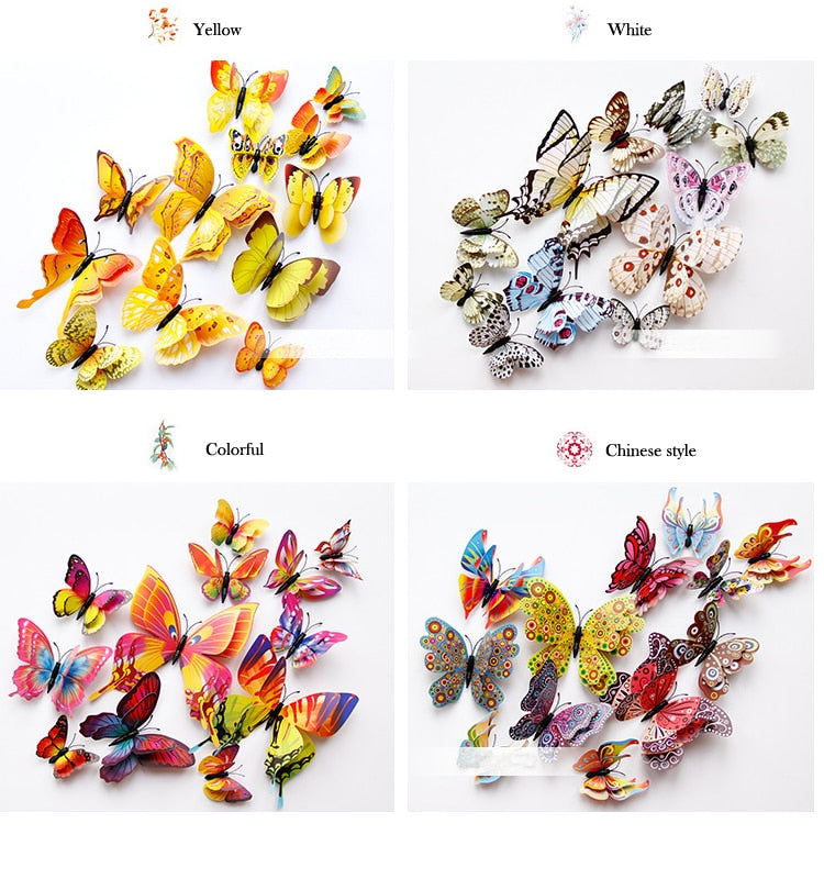 New style 12Pcs Double layer 3D Butterfly Wall Sticker on the wall Home Decor Butterflies for decoration Magnet Fridge stickers