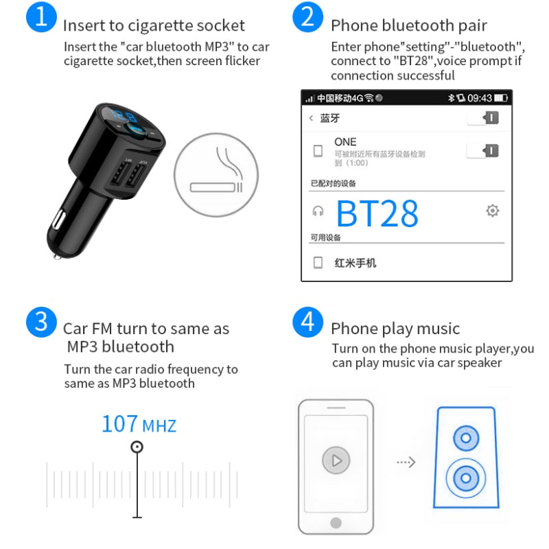 Quick USB Charger Bluetooth Car Kit FM Transmitter modulator Audio Music Mp3 Player Phone Wireless Handsfree Carkit