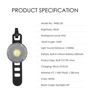 Bike Warning Front Light 20 Lumens USB Charge Smart LED Lamp Spot light 90° Waterproof Bicycle light Cycling Accessories
