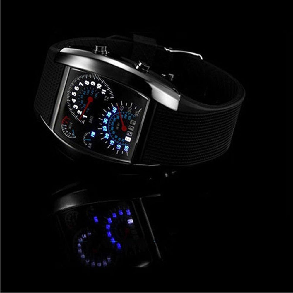 Men Fashion LED Sport Rubber Band Digital Week Date Dashboard Pattern Dial Watch Mas-culino Fashion Men's Watch Large Dial Milit