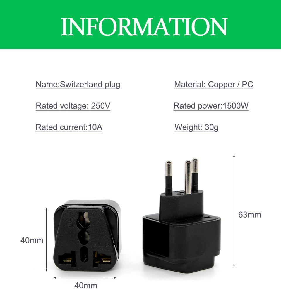 Universal Black Copper 10A 250V EURO UK AU USA EU to Swiss Switzerland Suisse 3 Pin AC Power Plug Converter Travel Adapter