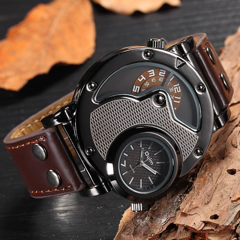 Quartz men's watch, with two zones (leather strap)