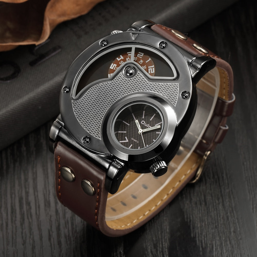 Quartz men's watch, with two zones (leather strap)