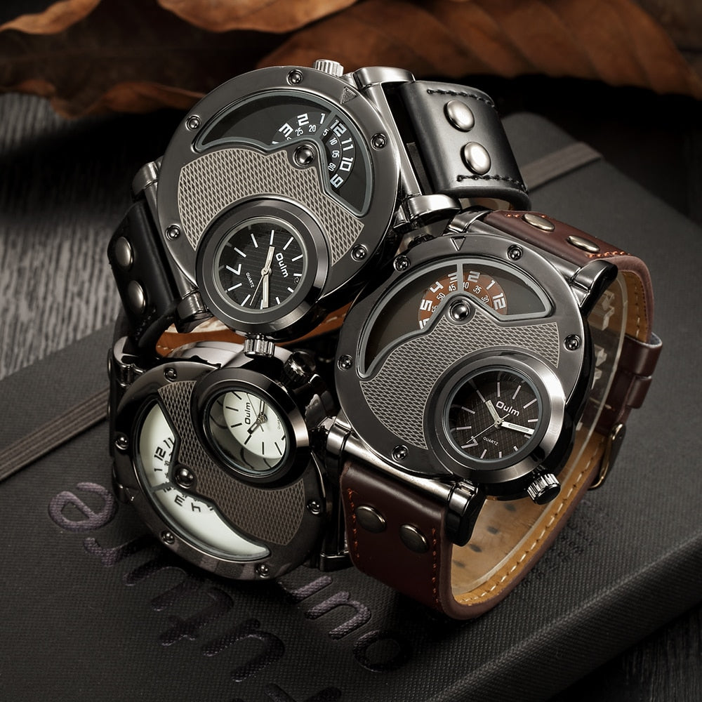 Quartz men's watch, with two zones (leather strap)