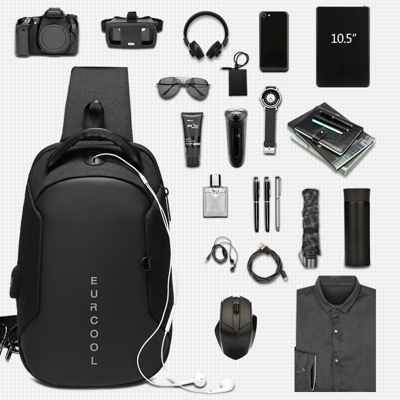 Multifunctional waterproof men’s chest crossbody bag with USB charging port