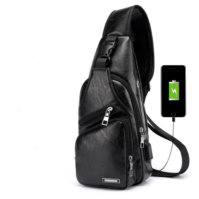 Men's leather cross-body bag for men for travel, with USB connector for charging a smartphone