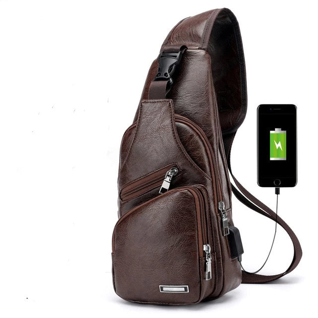 Men's leather cross-body bag for men for travel, with USB connector for charging a smartphone