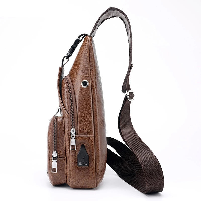 Men's leather cross-body bag for men for travel, with USB connector for charging a smartphone