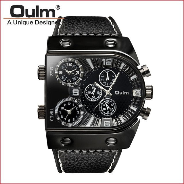 Sport Watch Men Quartz Analog Clock 3 Time Zone Sub-dials Design Big case Oversize Fashion Black Wrist Watches relogio