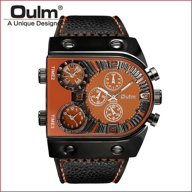 Sport Watch Men Quartz Analog Clock 3 Time Zone Sub-dials Design Big case Oversize Fashion Black Wrist Watches relogio