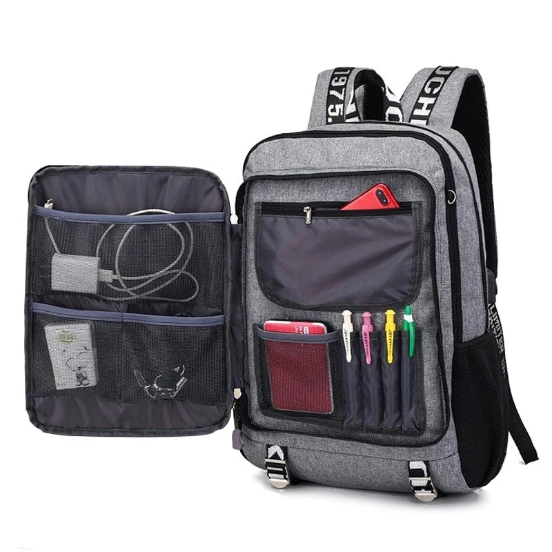 Male waterproof casual student backpack with USB charging port and laptop compartment