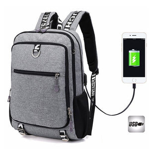 Male waterproof casual student backpack with USB charging port and laptop compartment