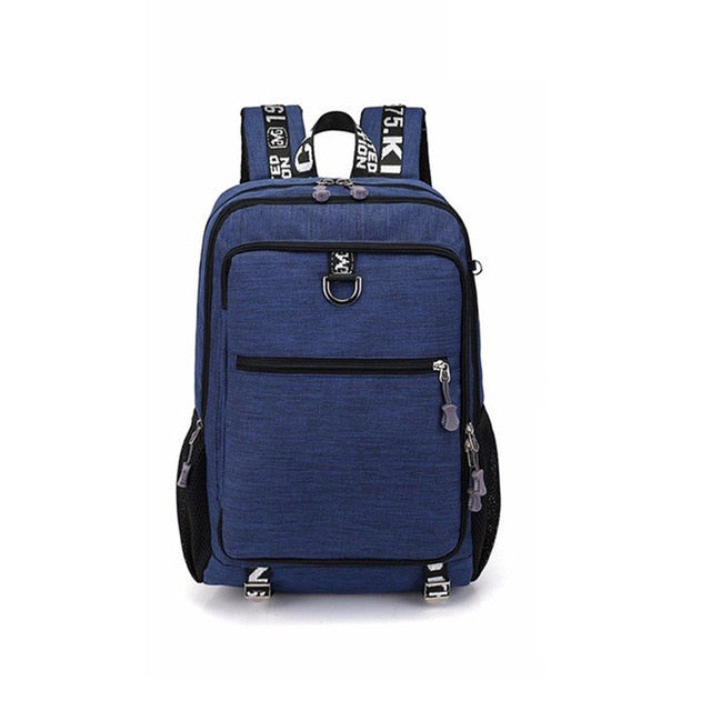 Male waterproof casual student backpack with USB charging port and laptop compartment