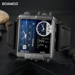 Men's large quartz wristwatch, sports, with leather strap, with 3 time zones and LED display