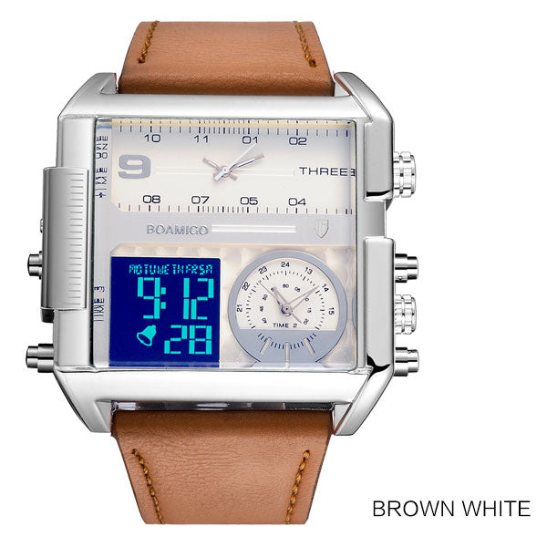 Men's large quartz wristwatch, sports, with leather strap, with 3 time zones and LED display