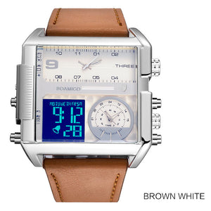 Men's large quartz wristwatch, sports, with leather strap, with 3 time zones and LED display