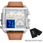 Men's large quartz wristwatch, sports, with leather strap, with 3 time zones and LED display