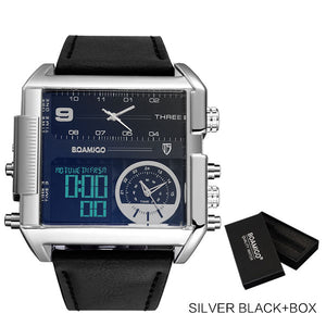 Men's large quartz wristwatch, sports, with leather strap, with 3 time zones and LED display